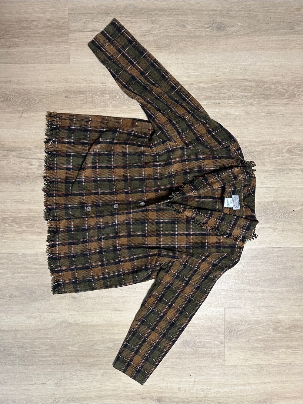 Fringed Plaid Blazer Jacket in Olive & Brown